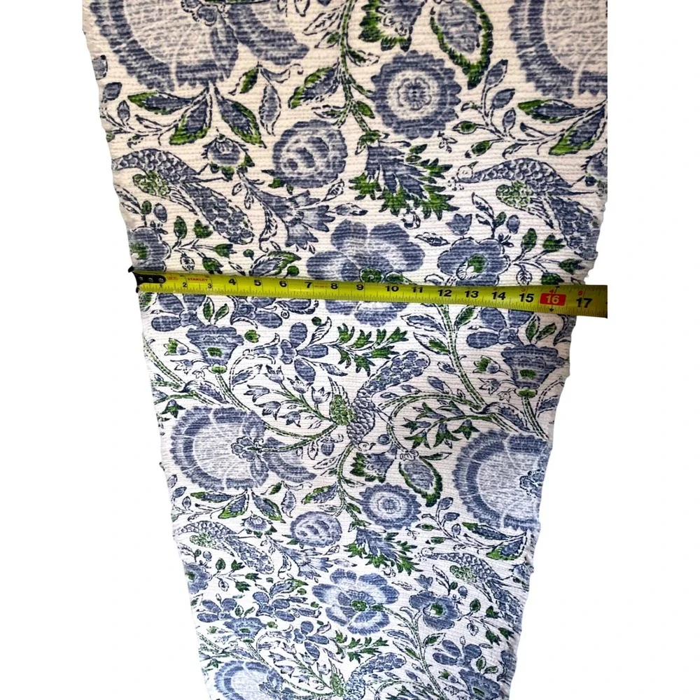 Rachel Zoe Blue Green Floral Block Print Cotton Table Runner 17x88 Frayed Edge
